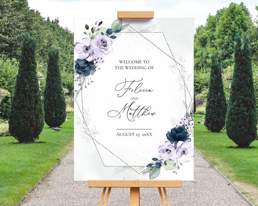 Lavender and Navy Blue Roses Wedding Welcome Sign, To The Wedding Of Signs