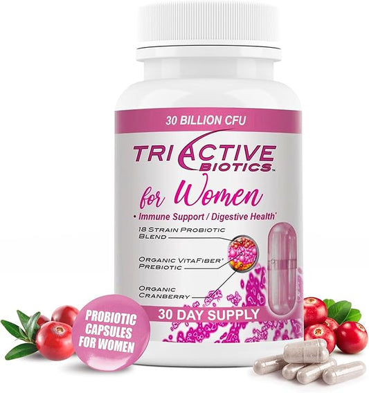 Triactive Biotics for Women - Probiotics for Women with 18 Strains, Organic VitaFiber Prebiotic & Cranberry to Digestive Support, Immune Defense, Urinary, Vaginal Health - 30 Capsules