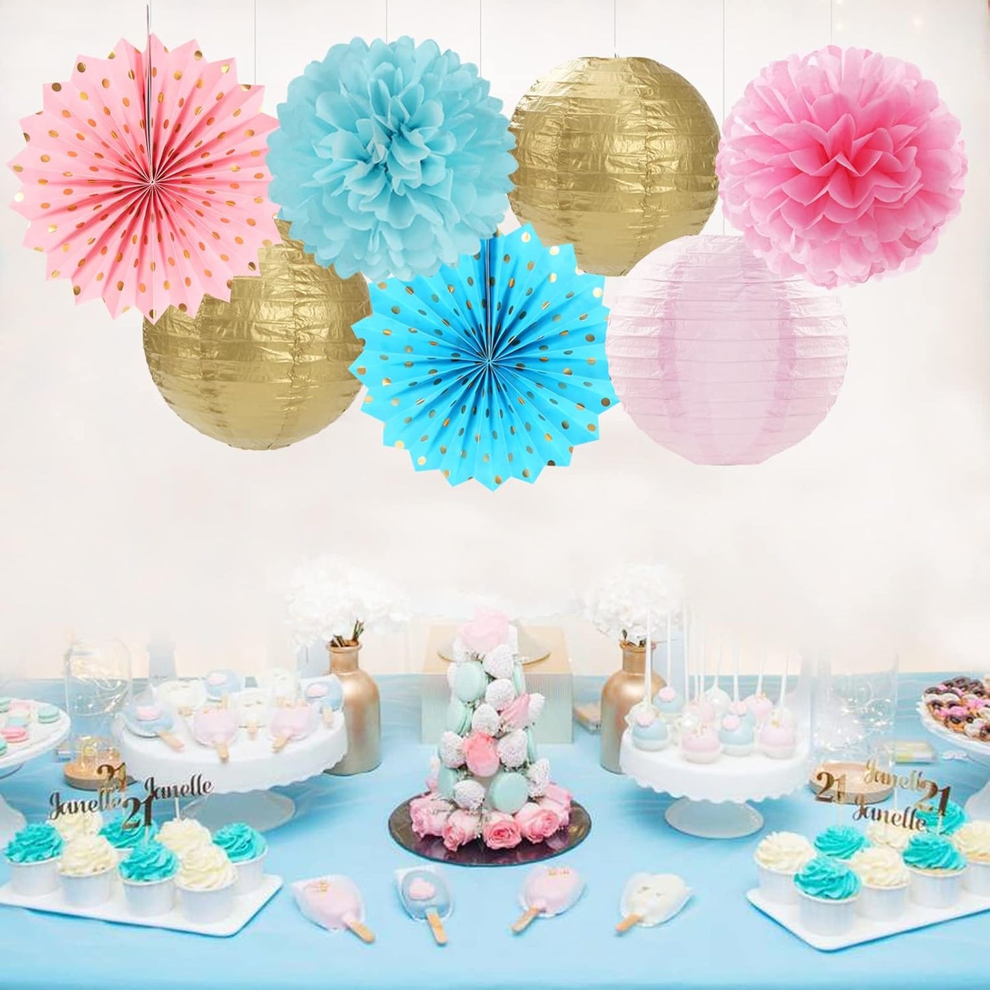 Pink Blue-Gold Party-Decorations Streamers Lanterns - 14pcs Gender Reveal Boy or Girl Birthday Paper Lanterns Fan,Tissue Pom Poms Streamer, Honeycomb Balls Decor