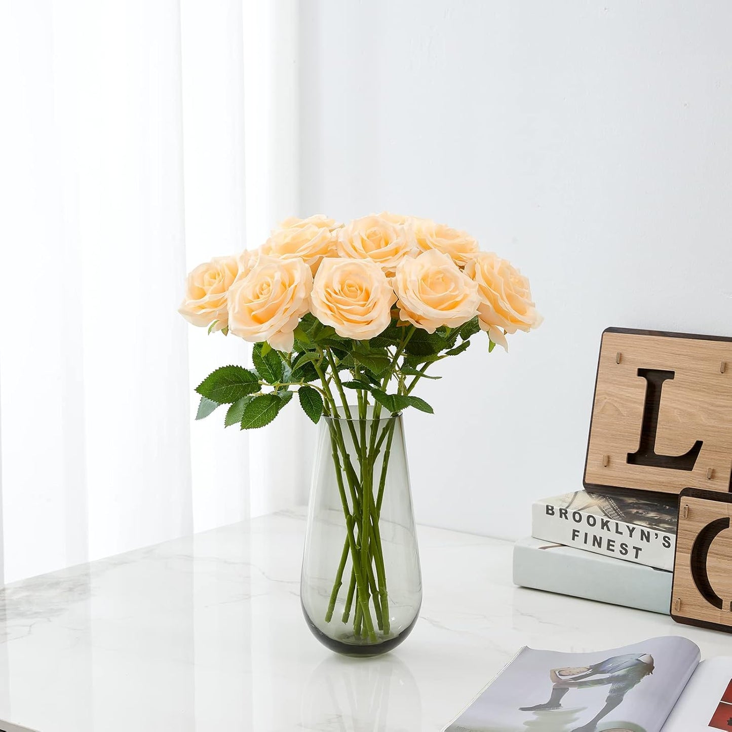 Artificial Rose 10pcs Open Flower Bouquet Faux Rose Stems for Wedding Arrangement, Bridal Bouquet, Centerpiece, Fake Faux Silk Flowers (Champagne)