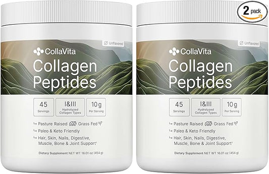 Collagen Peptides Powder Grass-Fed Pasture-Raised Hydrolyzed Collagen Powder, Type I & III Hair, Nails, Skin and Joints, Non-GMO, Paleo & Keto, Unflavored, 16 Fl oz. 2 Pack, 45 Servings