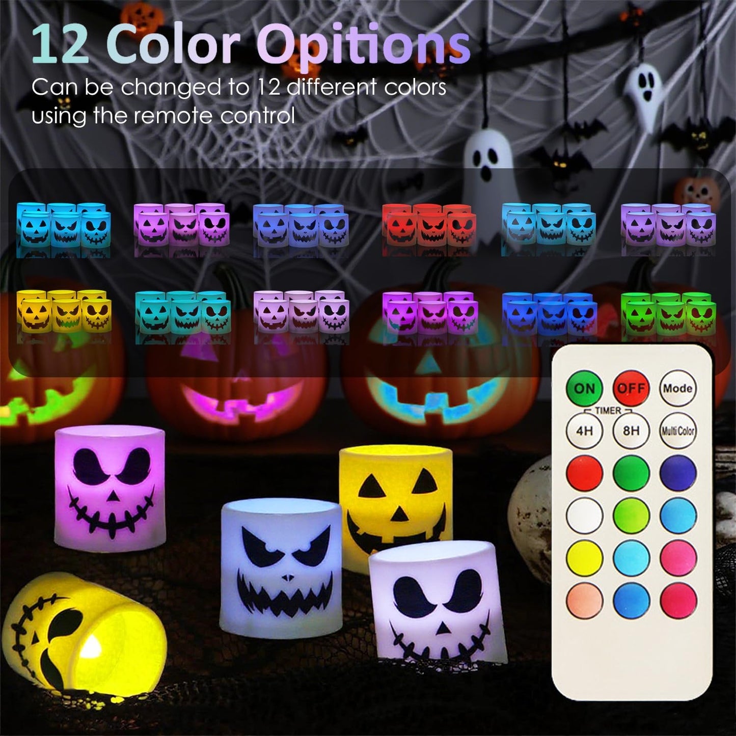 Halloween Flameless Candles - 3 Pack Colored Battery Operated Pumpkin Ghost Face Candles,LED Muti Color Grimace Night Light,Scary Halloween Decor,Fall Table Centerpieces, Spooky Home, Day of The Dead