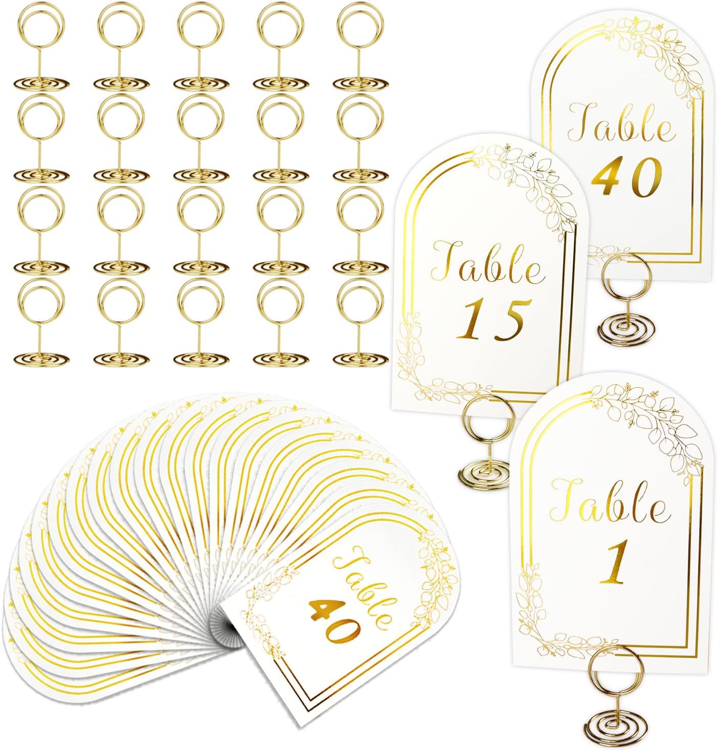 Wedding Table Numbers 1-40, 40 White Gold Cards with 40 Gold TableNumber Holders for Wedding Reception(Card and Holder)