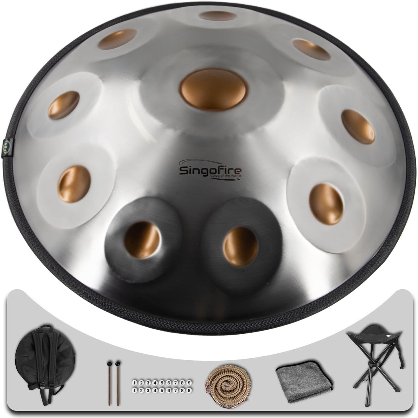 "SINGOFIRE" 10-Notes Handpan Drum, Handpan Drums for Adults, 22-Inch 440Hz D Minor Kurd Handpan, HandPan Instrument with Soft Handpan Bag, 2 Mallets, Handpan Stand and Dust-Free Cloth(Gold Eye)