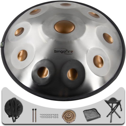 "SINGOFIRE" 10-Notes Handpan Drum, Handpan Drums for Adults, 22-Inch 440Hz D Minor Kurd Handpan, HandPan Instrument with Soft Handpan Bag, 2 Mallets, Handpan Stand and Dust-Free Cloth(Gold Eye)