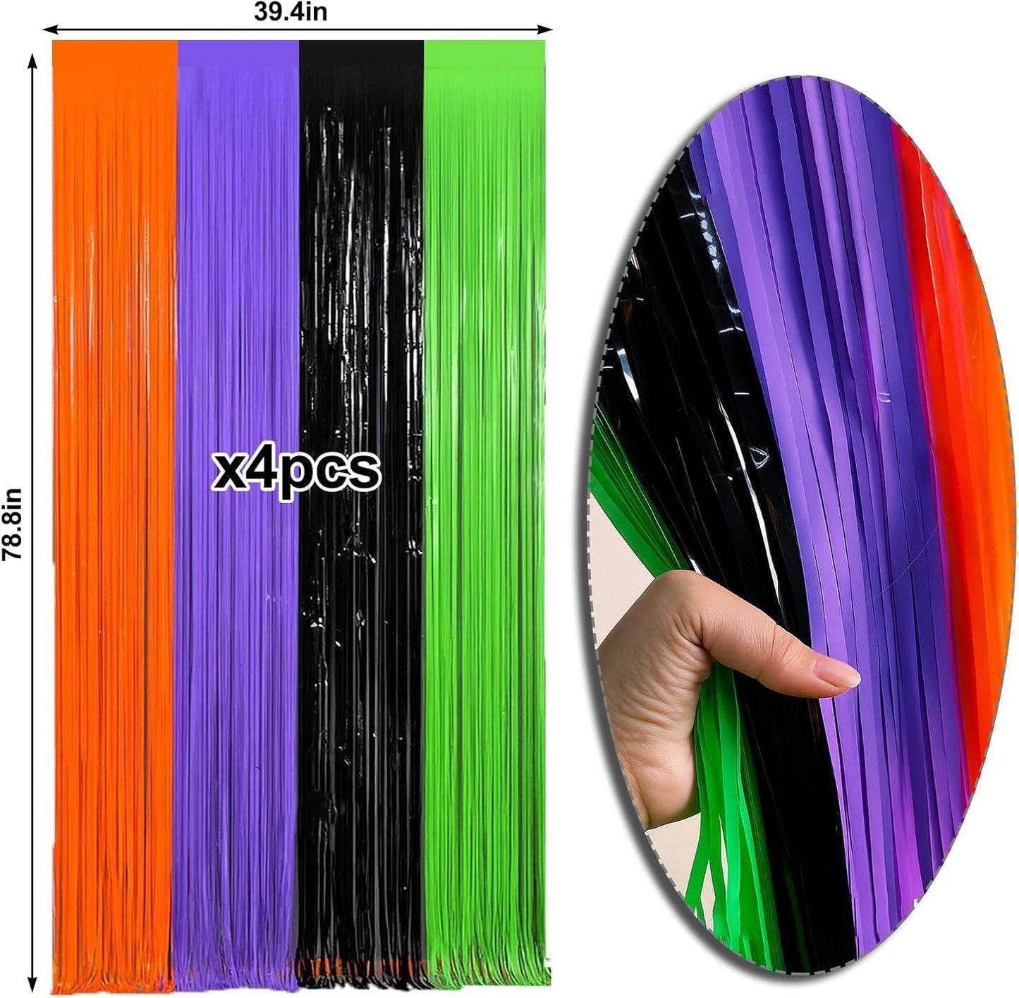 4 Packs Halloween Foil Fringe Curtain, Orange Black Purple and Green Metallic Tinsel Backdrop for Birthday, Baby Shower, Bachelorette, Halloween Party Decorations Favors Supplies Indoor Outdoor