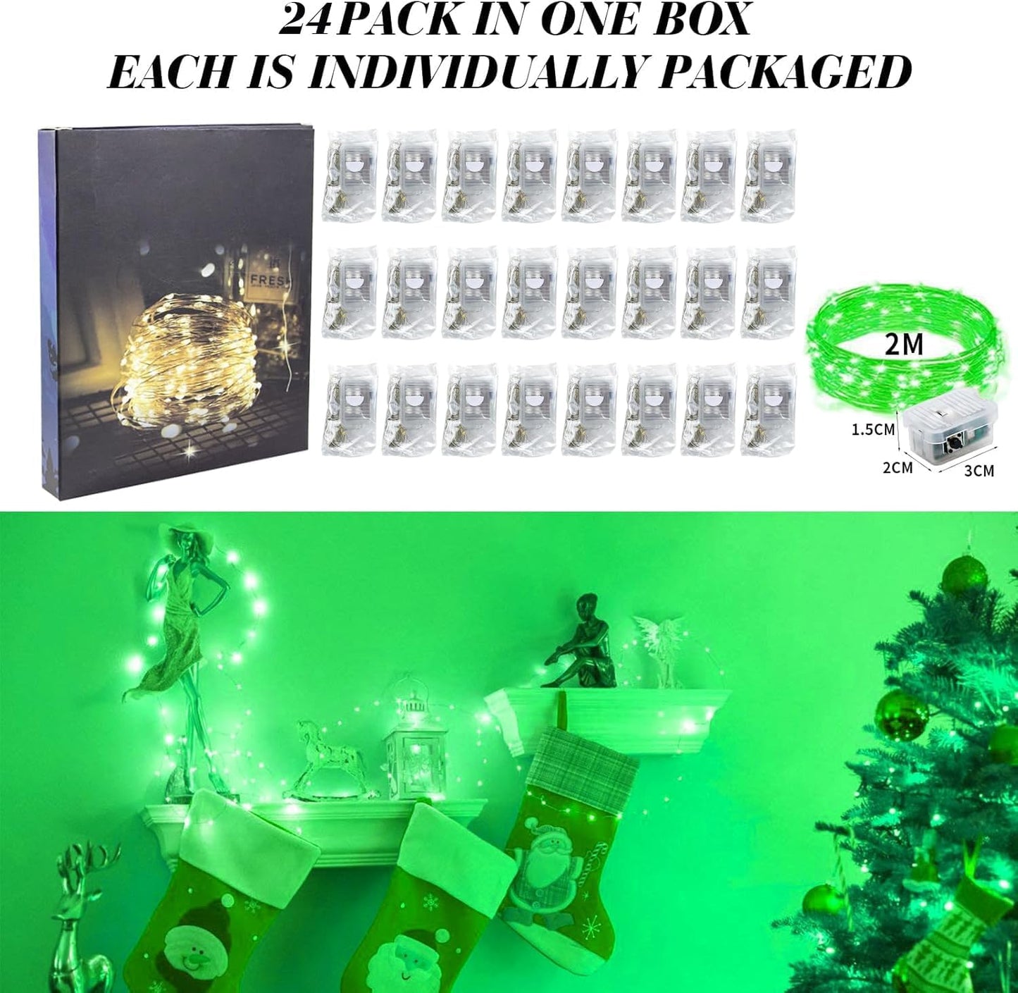 ZGWJ 24 Pack Fairy Lights Battery Operated, 7ft 20 Mini LED Fairy String Lights Silver Wire 3 Modes for DIY, Parties, Wedding, Bedroom, Halloween Christmas Decoration Green