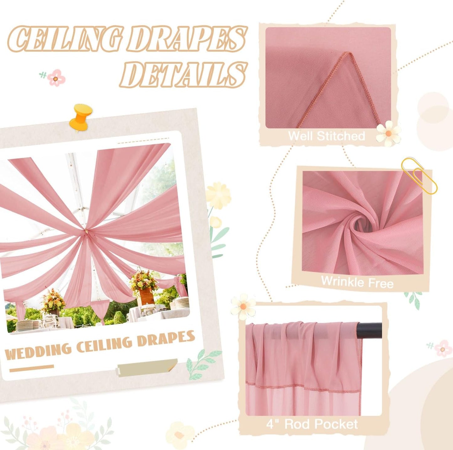 FUHSY 4 Panels Dusty Rose Ceiling Drapes for Wedding Ceiling Drapes 5x20 FT Sheer Ceiling Curtains Arch Draping Fabric Chiffon Drapery Fabric Rose Wedding Ceremony Decorations