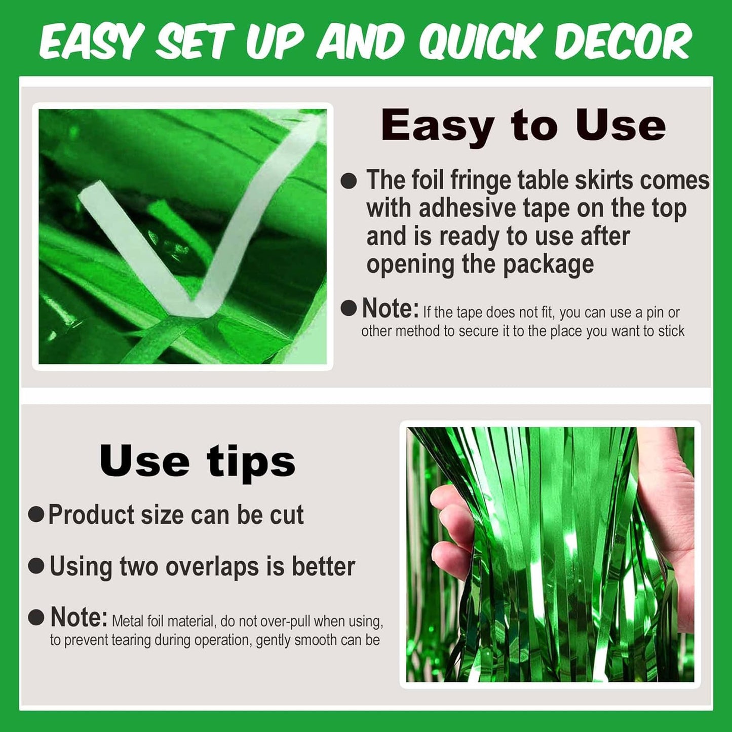 3 Pack 29 x108 Inch Green Foil Fringe Table Skirts Metallic Banner for Tinsel Streamer Garland Backdrop for Parade Floats Mother's Day, Graduate, Birthday, Wedding Party Decoration