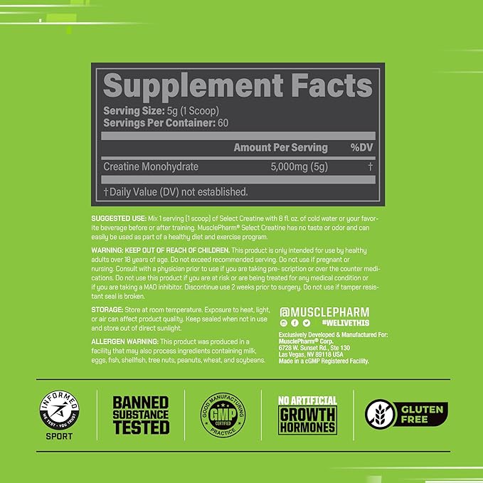 MusclePharm Creatine Monohydrate Powder, Pre Workout Muscle Builder & Post Workout Muscle Recovery Supplement, Ultra-Pure 100% Monohydrate Creatine Powder, 60 Servings, Unflavored