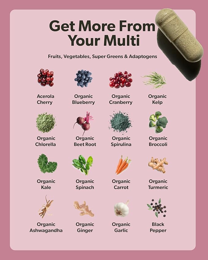 Multivitamin for Women - Daily Women’s Multivitamin - Methylated B Complex with Whole Food Ingredients, Vitamin B12, Folate, A, C, D3, E, K2, Organic Fruits & Vegetables - Vegan, Non-GMO - 60 Caps