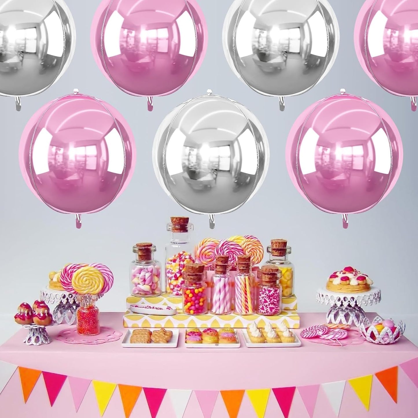 6Pcs Pink Silver Round Foil Balloons, 22inch 4D Metallic Silver Pink Balloons, Large Round Foil Ball Balloon for Girls Women Birthday Anniversary Baby Shower Wedding Party Backdrop Decorations