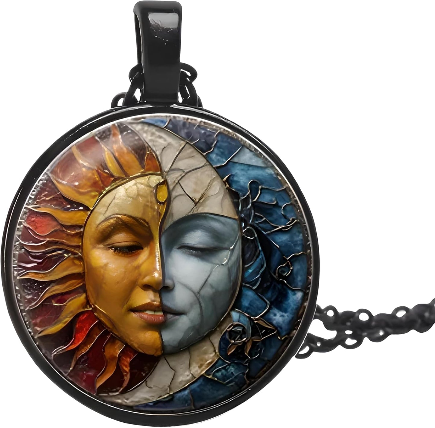 1pc Stunning Round Pendant Necklace - Unique Sun & Moon Pattern, Oil Painting Style Glass Mosaic, Alloy Construction, Trendy Sweater Chain, Fashionable Gift for Women - Christmas or Birthday Gift