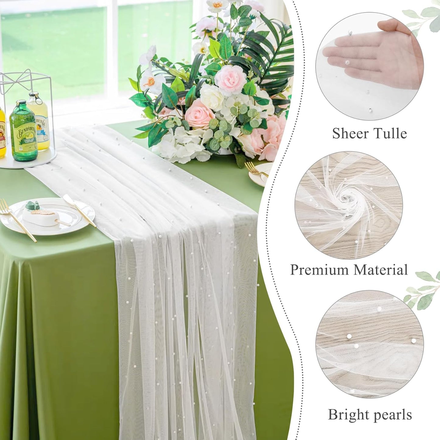 Set of 6 Pearl Table Runner 29 x 120 Inch White Tulle Fabric Lace Table Runners Boho Rustic Table Runners for Bridal Shower Birthday Party Wedding Arch Aisle Veil Dessert Table Decor(White)