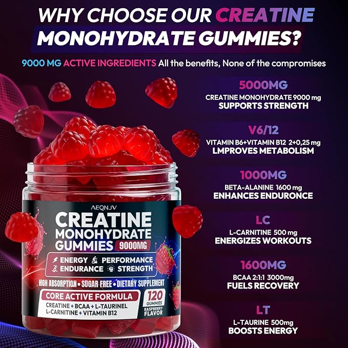 Creatine Gummies Monohydrate Complex 9000MG, Pre-Workout Supplement for Men & Women, Creatine Supplement with L-Taurine, BCAA 2:1, B12/6 for Muscle Support, Enhance Strength, Energy Boost-120 Count
