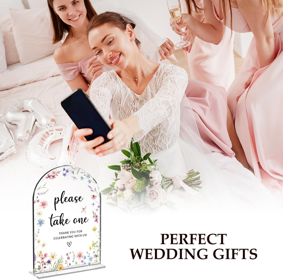 Wedding Sign Decor, Please Take One Sign, 5x7 Inch Arch Acrylic, Wedding Sign for Reception & Event, Bridal Shower Decorations, Wedding Table Sign Accessories for Anniversary And Party (Flower)