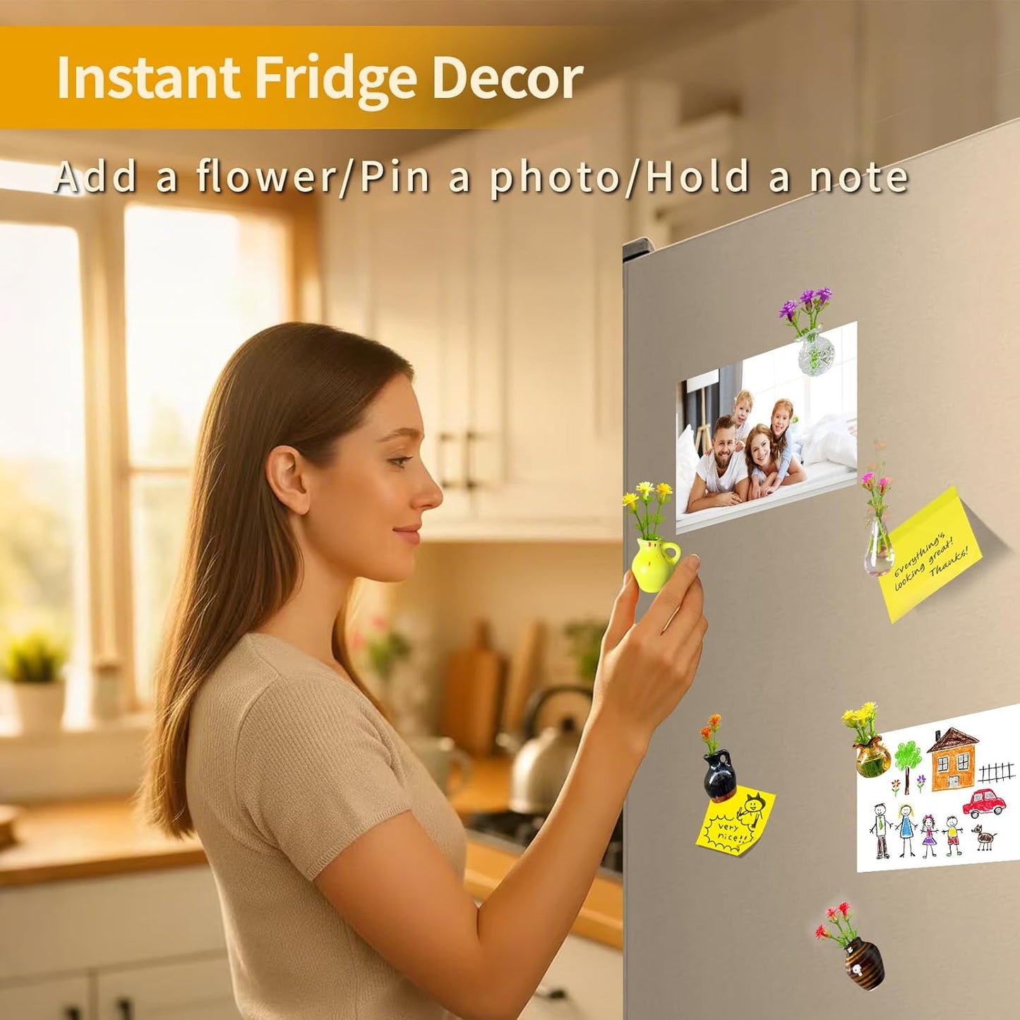 Magnetic Bud Vase Set – Mini Ceramic & Glass Vases with Strong Magnet for Fridge & Whiteboard – Decorative Small Flower Vases for Kitchen, Home or Office Décor for Women (Glass & Ceramic)