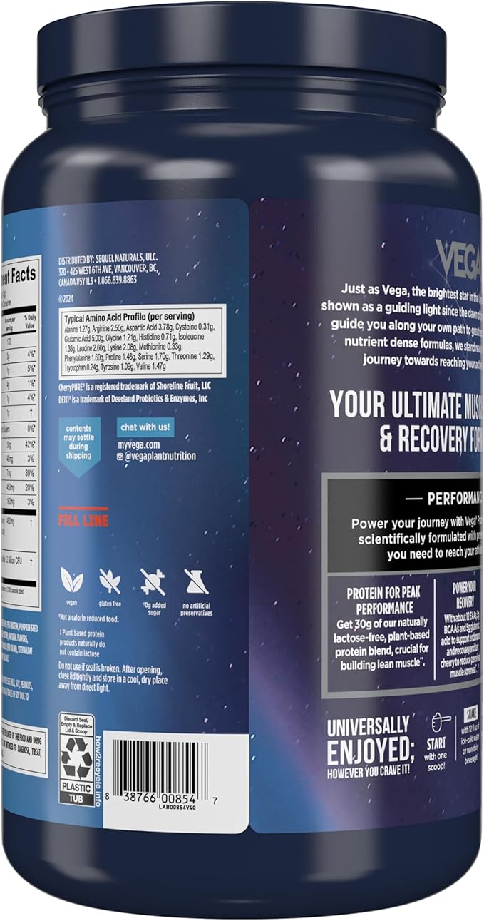 Vega Sport Vegan Protein Powder + Recovery - 30g Plant Based Protein per Serving, Berry, 19 Servings, 5g BCAAs, Probiotics, NSF Certified, For Shakes & Smoothies, 1.8lbs (Packaging May Vary)