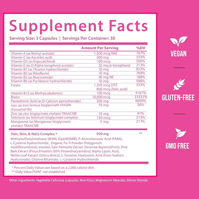 GOBIOTIX Hair Skin and Nails Vitamin Supplement - 10000mcg Biotin Pills with Hyaluronic Acid, Folate, Iron, Magnesium, and Zinc - Collagen Production, Hair Growth - 30 Servings