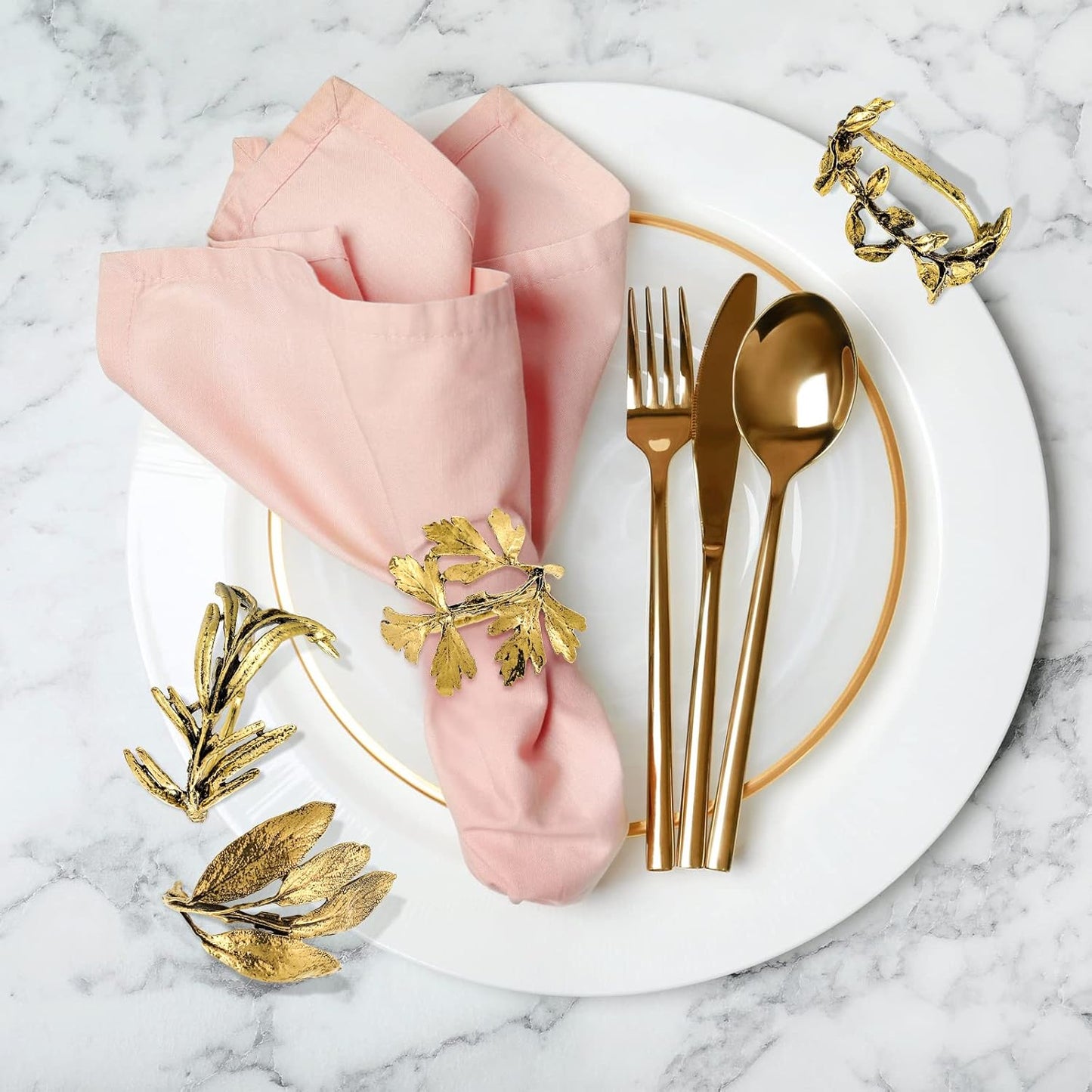 Cunhill 8 Pieces Herb Napkin Rings Set Vintage Leaf Napkin Holders Rings Glossy Holder Adornment Metal Table for Graduation Holidays Wedding Graduation Party Decor Everyday Use(Gold)