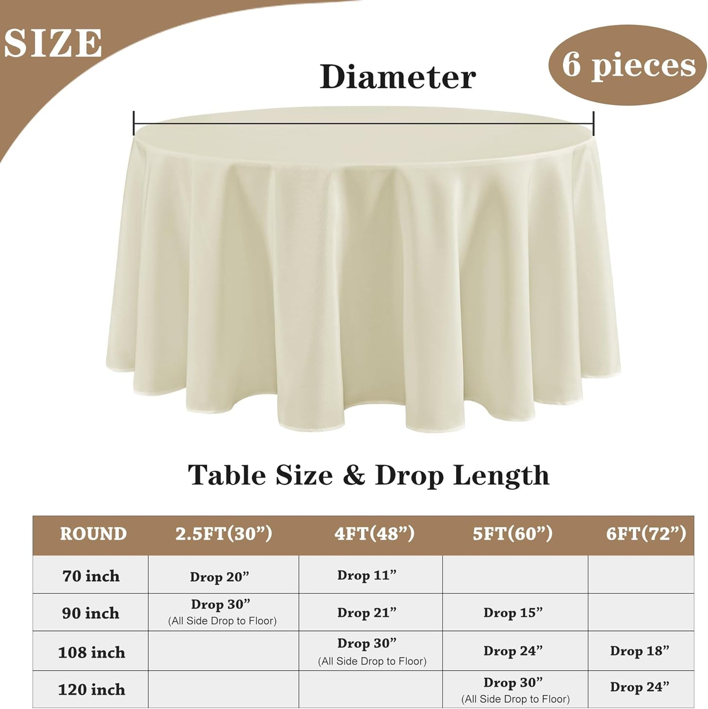 Fitable 6 Pack Ivory Round Tablecloths - 120 Inches in Diameter - Stain Resistant and Washable Table Clothes, Polyester Fabric Table Covers for Wedding, Party, Banquet, Formal Events