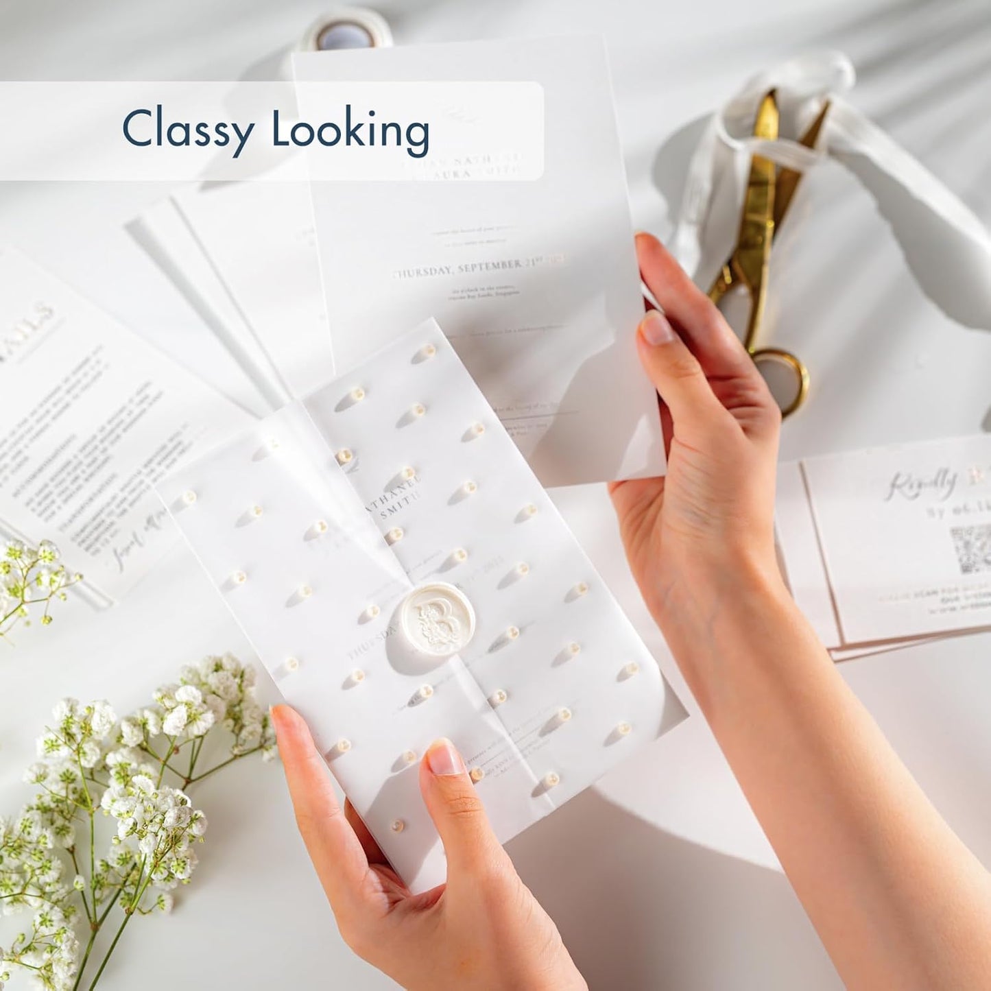 50 Pack Pre-Folded Vellum Jackets For 5x7 Invitations,AZAZA Translucent Invitation Sleeves,115GSM Vellum Jackets 5x7, Wedding Invitation Accessories, For Weddings Birthdays Baby Showers,Elegant Pearl