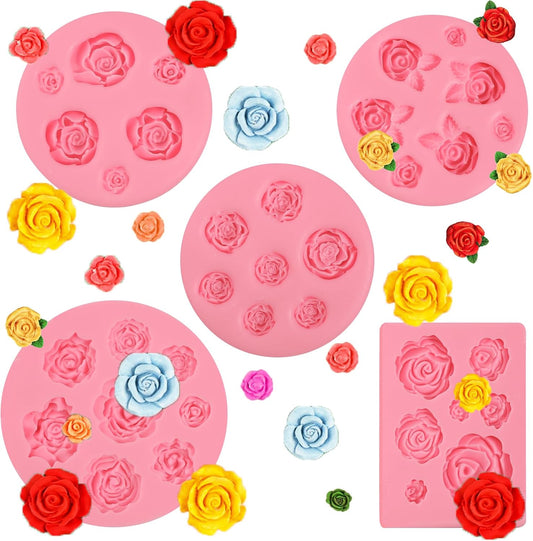 5 Pcs Rose Silicone Molds, Mini Flower Cake Decoration Fondant Mold, Kitchen Baking Supplies, Suitable for Cupcake Toppers Flower Paste Dough Keychain Resin Decoration Clay Modeling