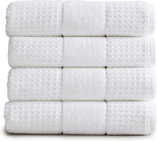 100% Cotton Super Soft Luxury Bath Towel Set | Quick-Dry and Highly Absorbent | Waffle Textured | 550 GSM | Includes 4 Bath Towels | Harper Collection (White)