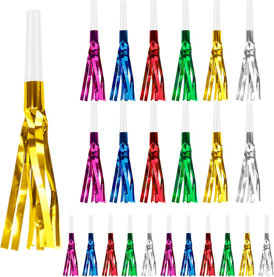 Party Blowers, 24 PCS New Years Noise Makers, Glitter Metallic Fringed Party Blowouts for Kids Birthday Graduations, Colorful Blow Horns Whistles for Christmas Weddings Family Sporting Events Supplies