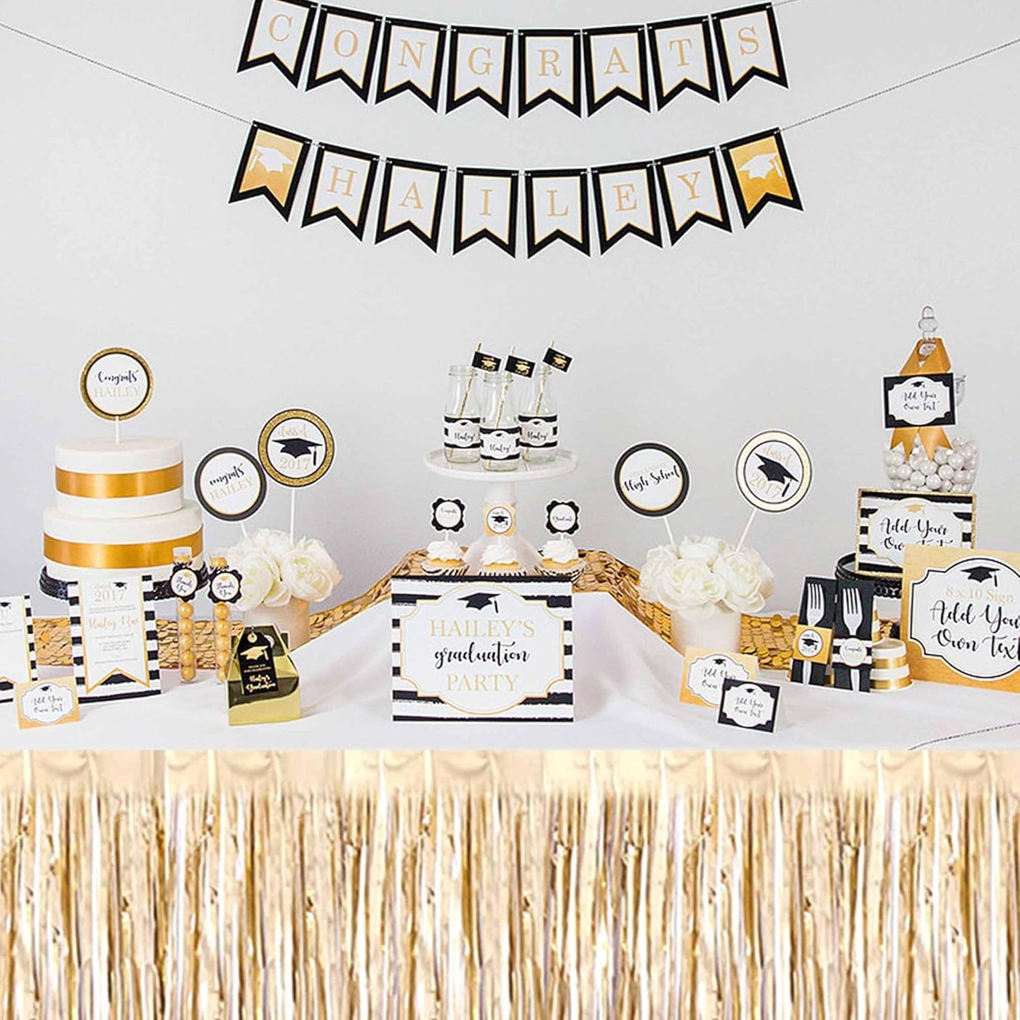 3 Pack 29 x108 Inch Champagne Gold Foil Fringe Table Skirts Metallic Banner for Tinsel Streamer Garland Backdrop for Parade Floats Mother's Day, Graduate, Birthday, Wedding Party Decoration