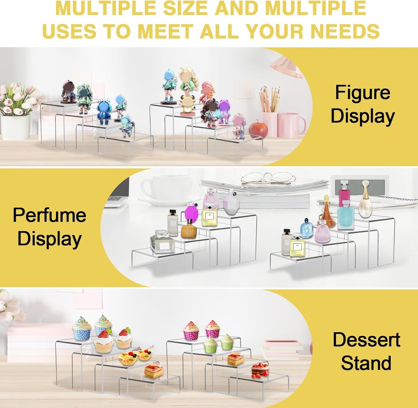 8 Pcs Acrylic Display Risers, 2 Sets Small Size Clear Acrylic Risers, 0.15" Thick, Display Stands for Figure, Action, Dessert, Candy, Jewelry Showcase
