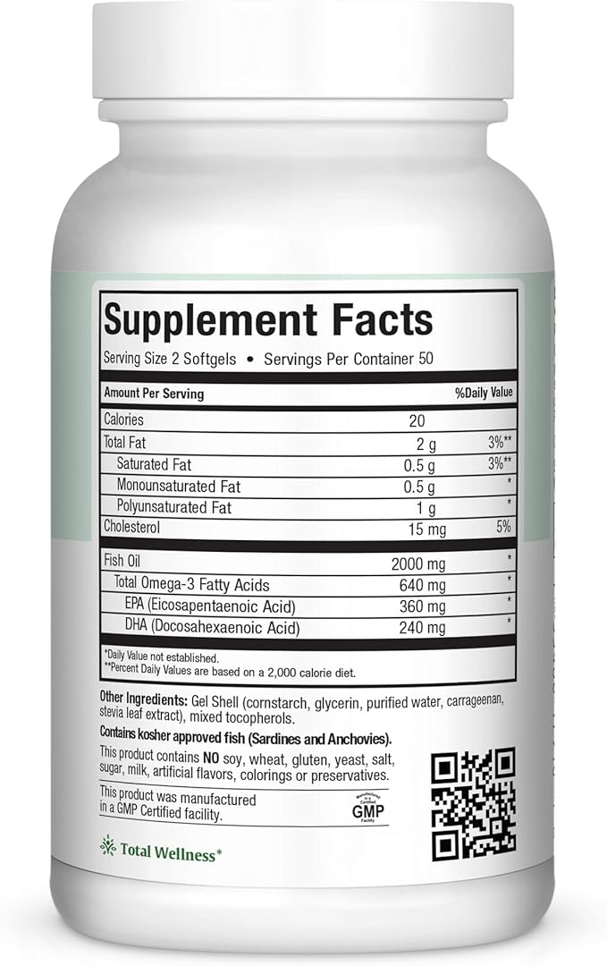 Maxi Health Omega 3 Fish Oil 2000mg – Fish Oil Omega 3 Supplements with No Fishy Aftertaste – Triple Strength EPA DHA – Kosher Omega3 Supplement to Help Support Overall Wellness (100 Softgels)
