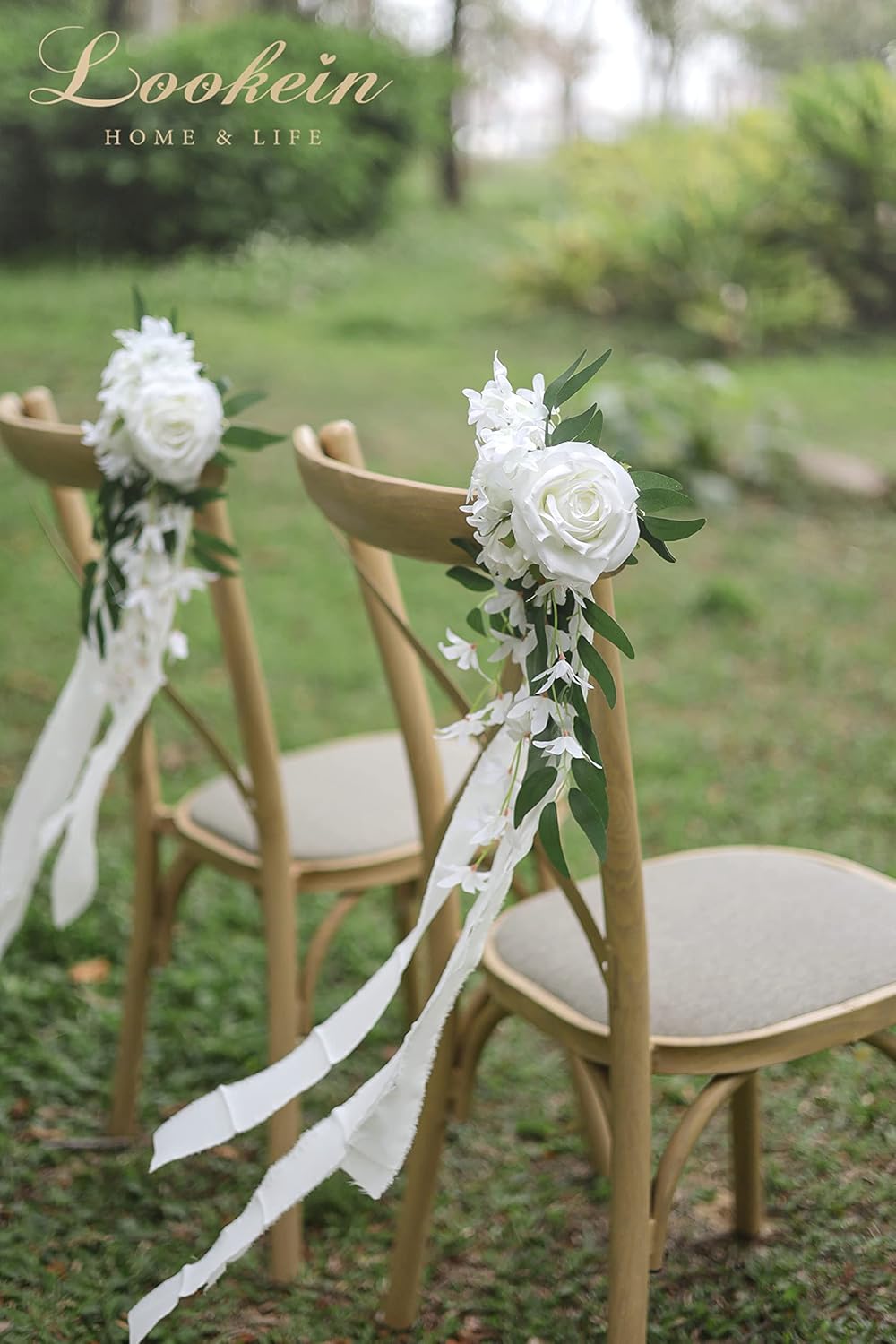 Lookein Set of 8 Pew Flowers for Wedding Ceremony Chair Decorations Bench Decoration Wedding Aisle Chair Decoration, Natural White