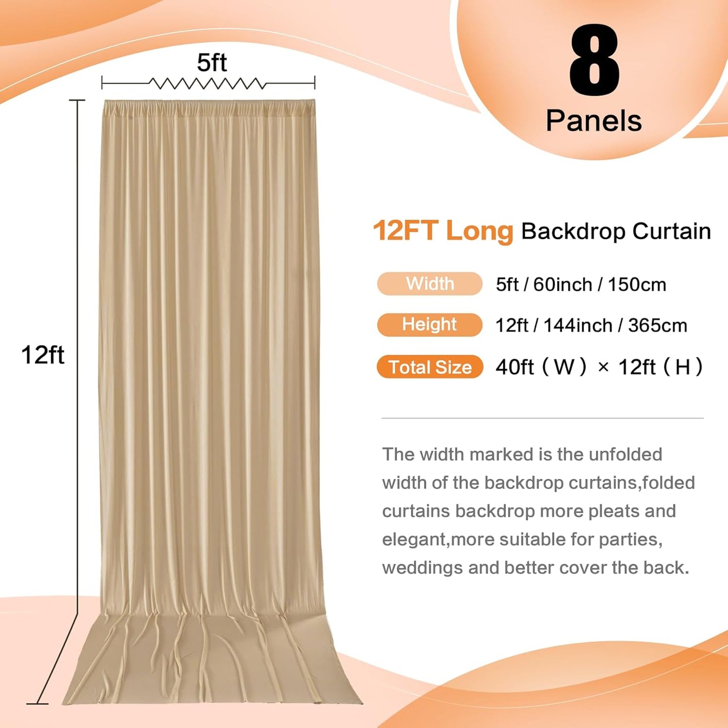 40×12 ft Wrinkle Free Beige Backdrop Curtain for Weddings Parties, 8 Panels 12ft Silky Polyester Wedding Drapes Backdrop Photo Back Drop Cloth for Birthday Baby Shower Photography Backgrounds