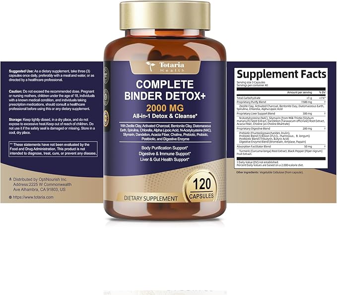 2000MG Complete Binder Detox+ Activated Charcoal, Zeolite, Bentonite Clay, NAC, Milk Thistle, Probiotic, All-in-1 Detox & Cleanse Supplement, Liver & Gut Support, 120 Counts