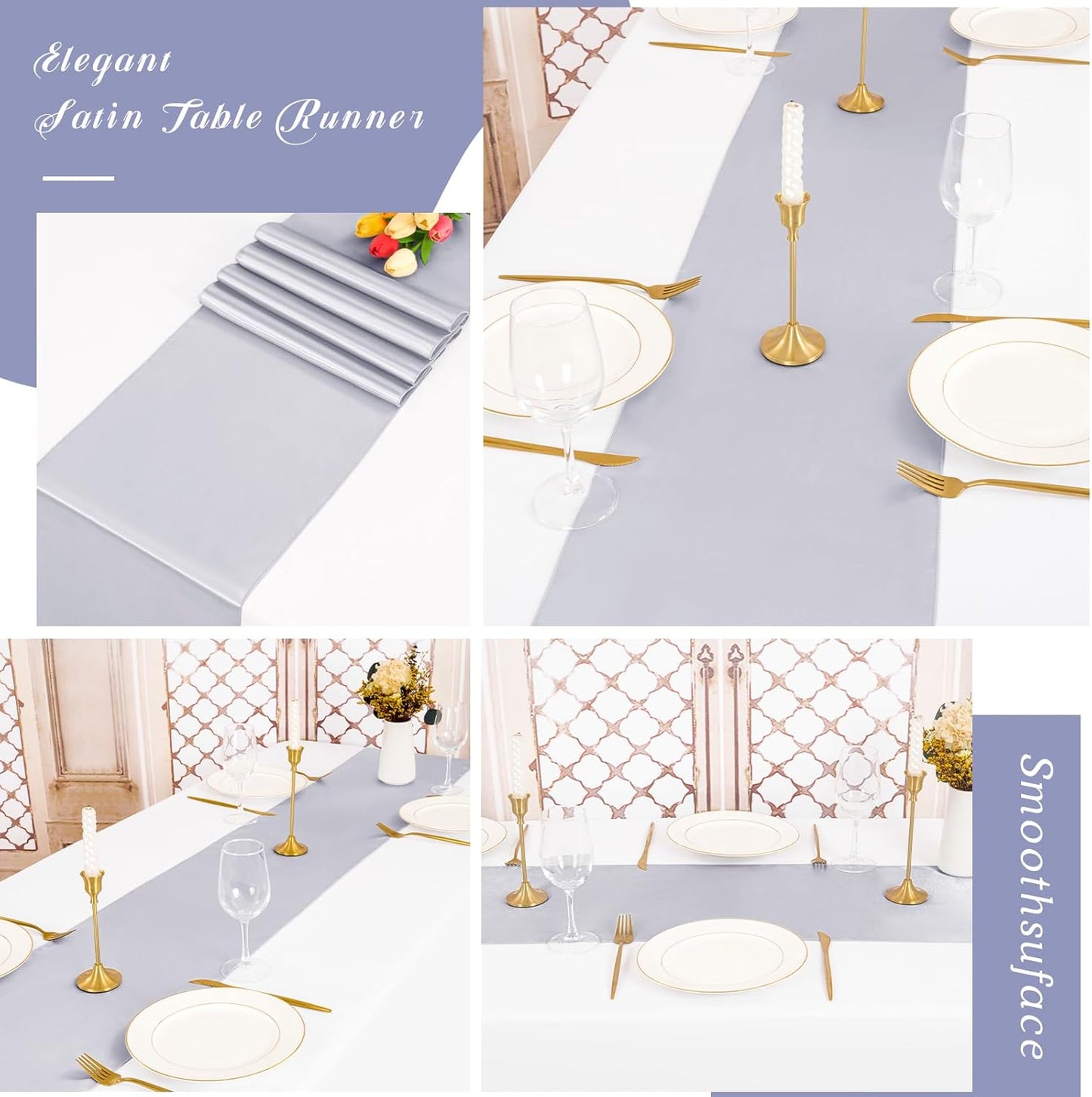 12 Pack Silver Satin Table Runner,12 x 108 inch Long Premium Smooth Table Runner for Wedding, Banquets, Birthday, Party, Graduation, Engagements, Table Runners fit Rectangle and Round Table