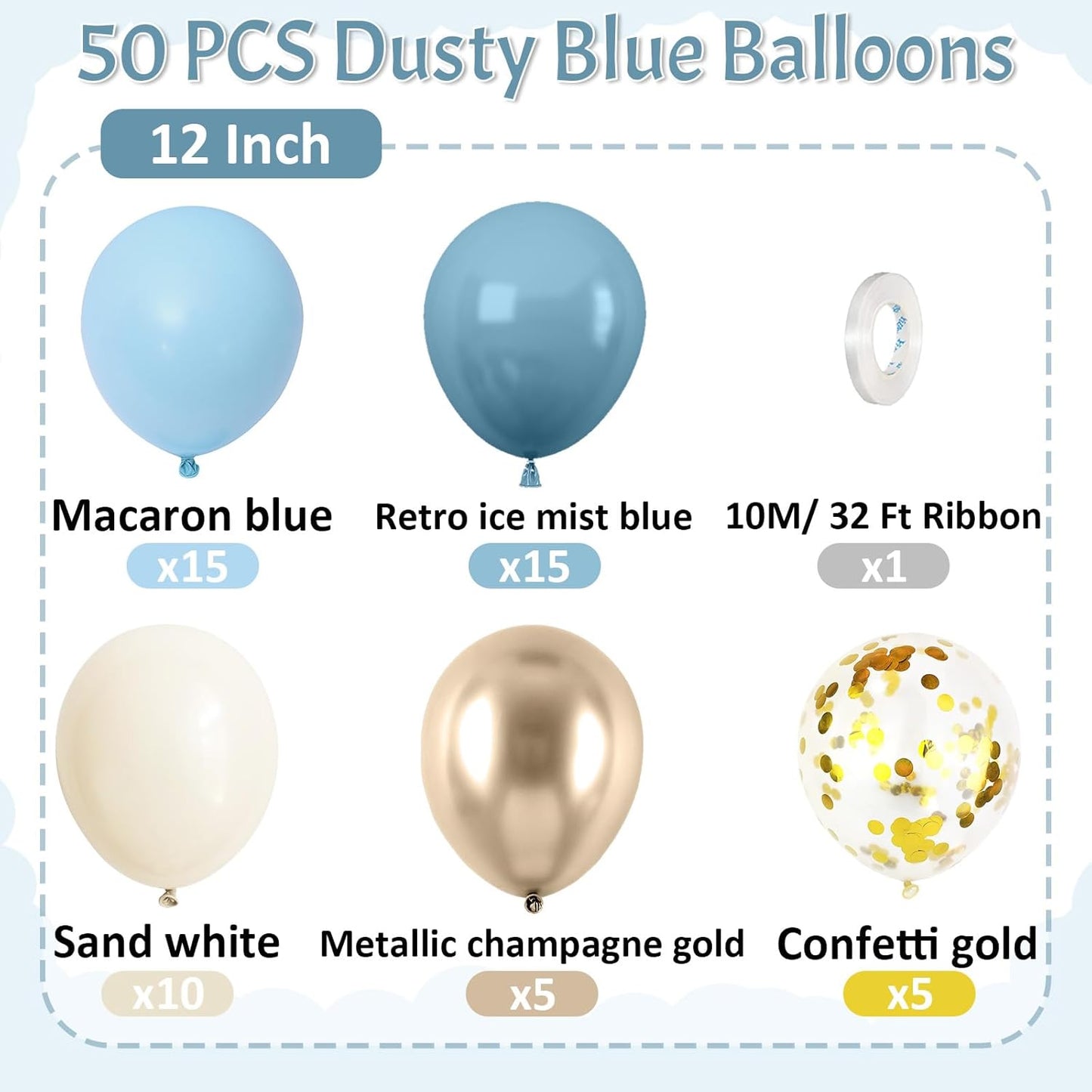 Paready Dusty Blue Balloons, 50 Pcs Gold White Balloons, 12 Inch Sand White Retro Ice Mist Macaron Metallic Champagne Gold Balloons for Bridal Shower Baby Party Decorations