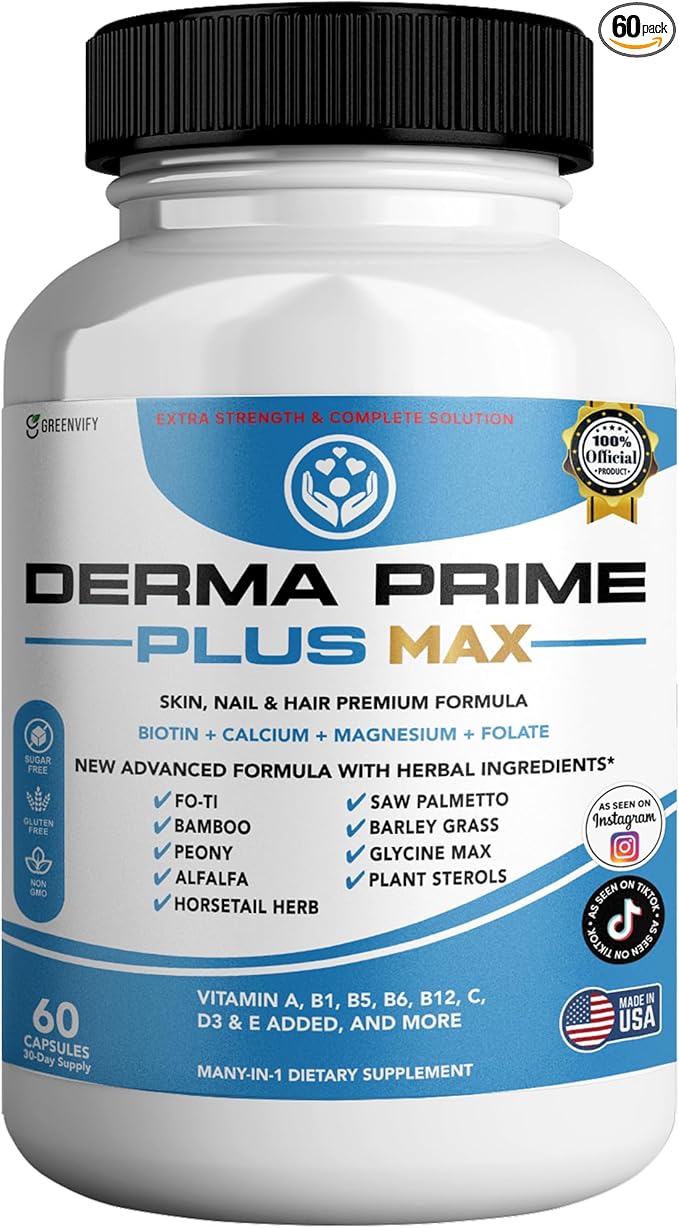 Derma Prime Plus Max Hair Skin Nail Supplement, 60 Capsules, with Biotin 5000mcg, Vitamins, Minerals, Herbal Blend (1)