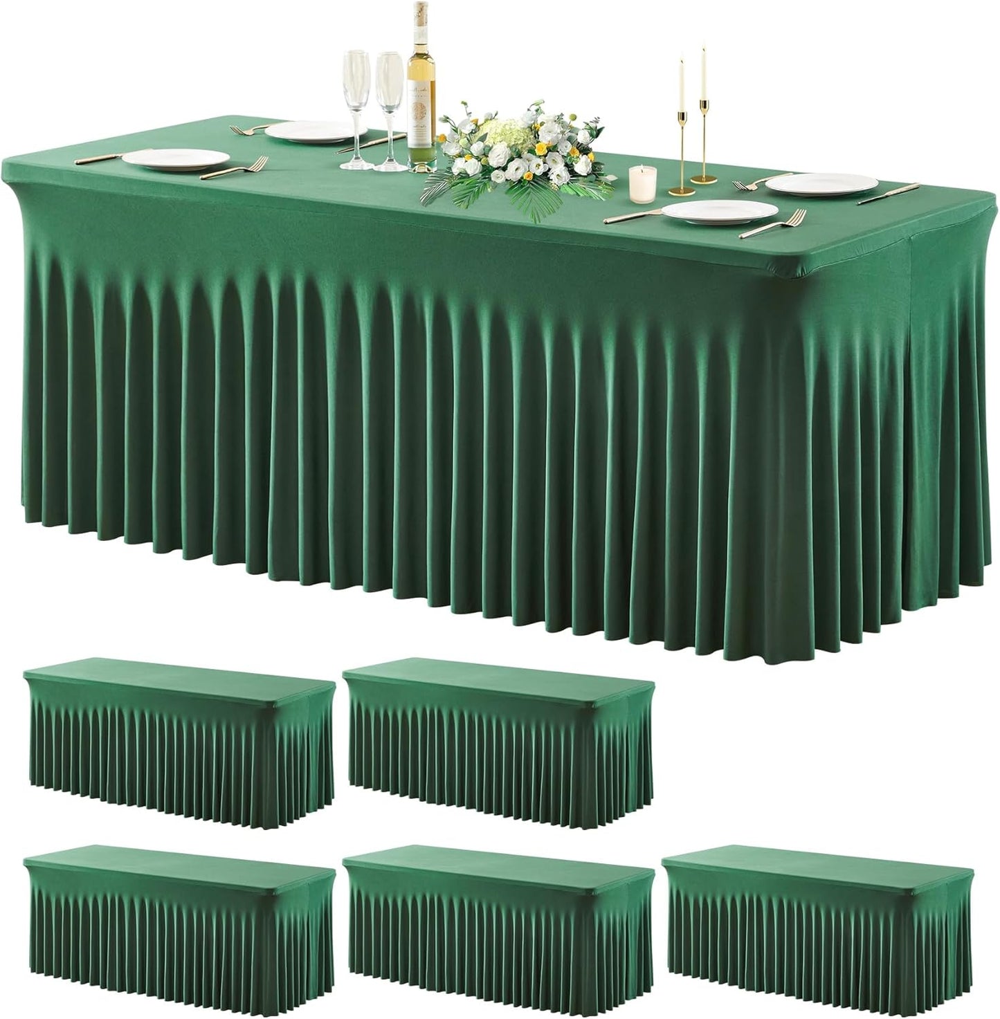 Wish Care 6 Pack Hunter Green Stretch Spandex Table Clothes for 8 Foot Rectangle Tables, 8FT Wrinkle Free Fitted Tablecloths Ruffles Design Table Cover for Party, Banquet, Wedding and Events