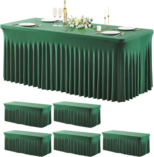 Wish Care 6 Pack Hunter Green Spandex Table Clothes for 6 Foot Rectangle Tables, 6FT Wrinkle Free Fitted Tablecloths Ruffles Design Table Cover for Party, Banquet, Wedding and Events