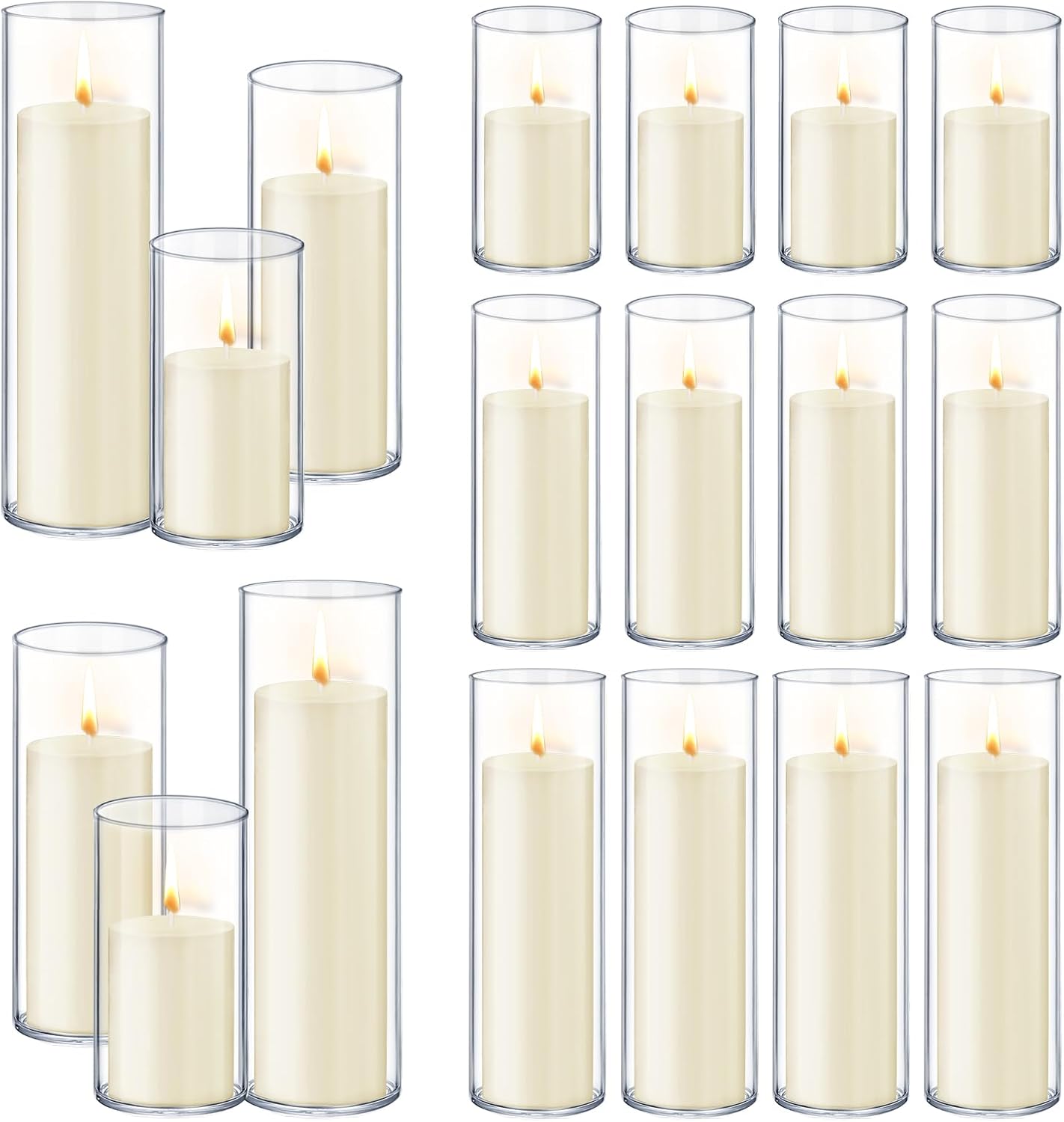 36 PCS Ivory White Pillar Candles with Glass Candle Holders Clear Hurricane Candle Holders Glass Cylinder Vases for Centerpieces Wedding Party, Event, Home Office (18 Candles+18 Candle Hoders)