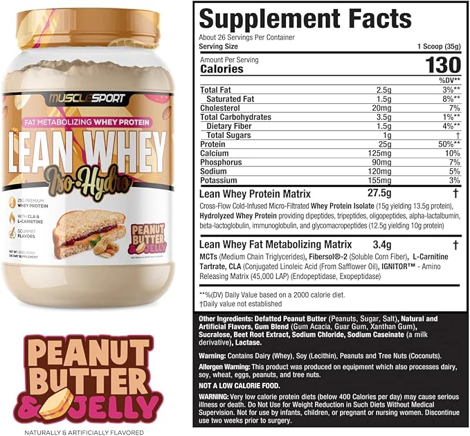 Musclesport Lean Whey Revolution™, Whey Protein Isolate with Hydrolyzed Whey - Low Calorie, Low Carb, Low Fat, Incredible Flavors - 25g Protein per Scoop (2LB, Peanut Butter & Jelly)