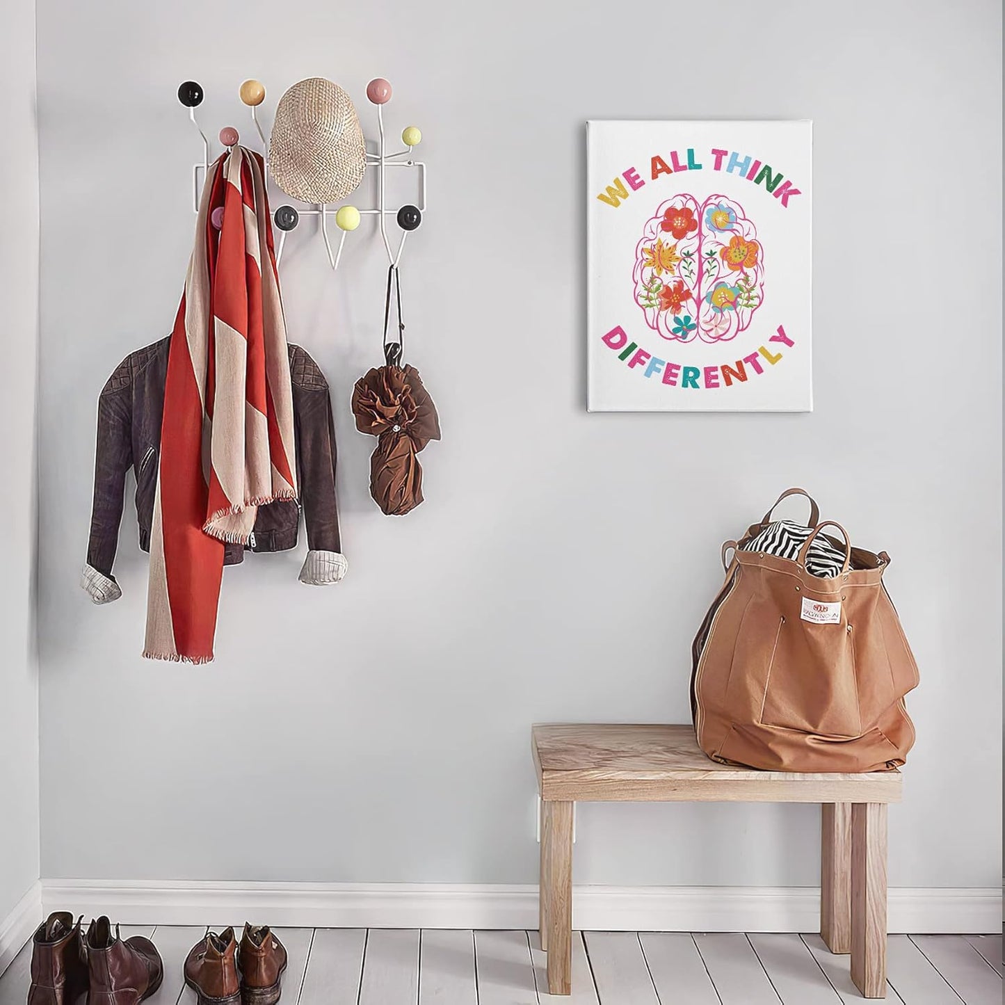 PHAMTE We All Think Differently Mental Health Wall Art,Neurodiversity Brain Art Print Framed Canvas Painting Artwork For Home CBT Psychologist School Counselor Office Therapy Office Decor(11x14 Inch)