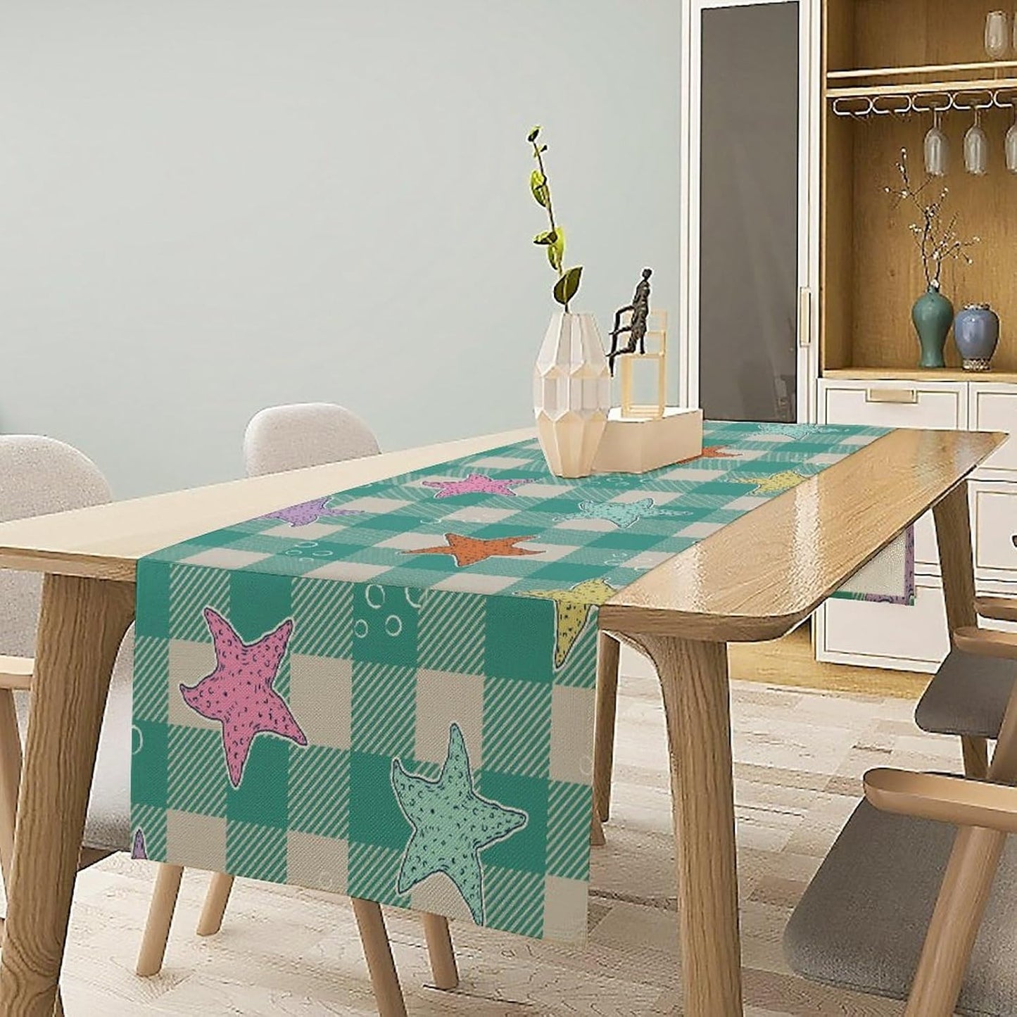 Starfish Plaid Table Flag Green Plaid and Marine Life Starfish Kitchen Table Flag Suitable for Birthday Party Restaurant Decoration Outdoor Picnic 13 * 70 Inch