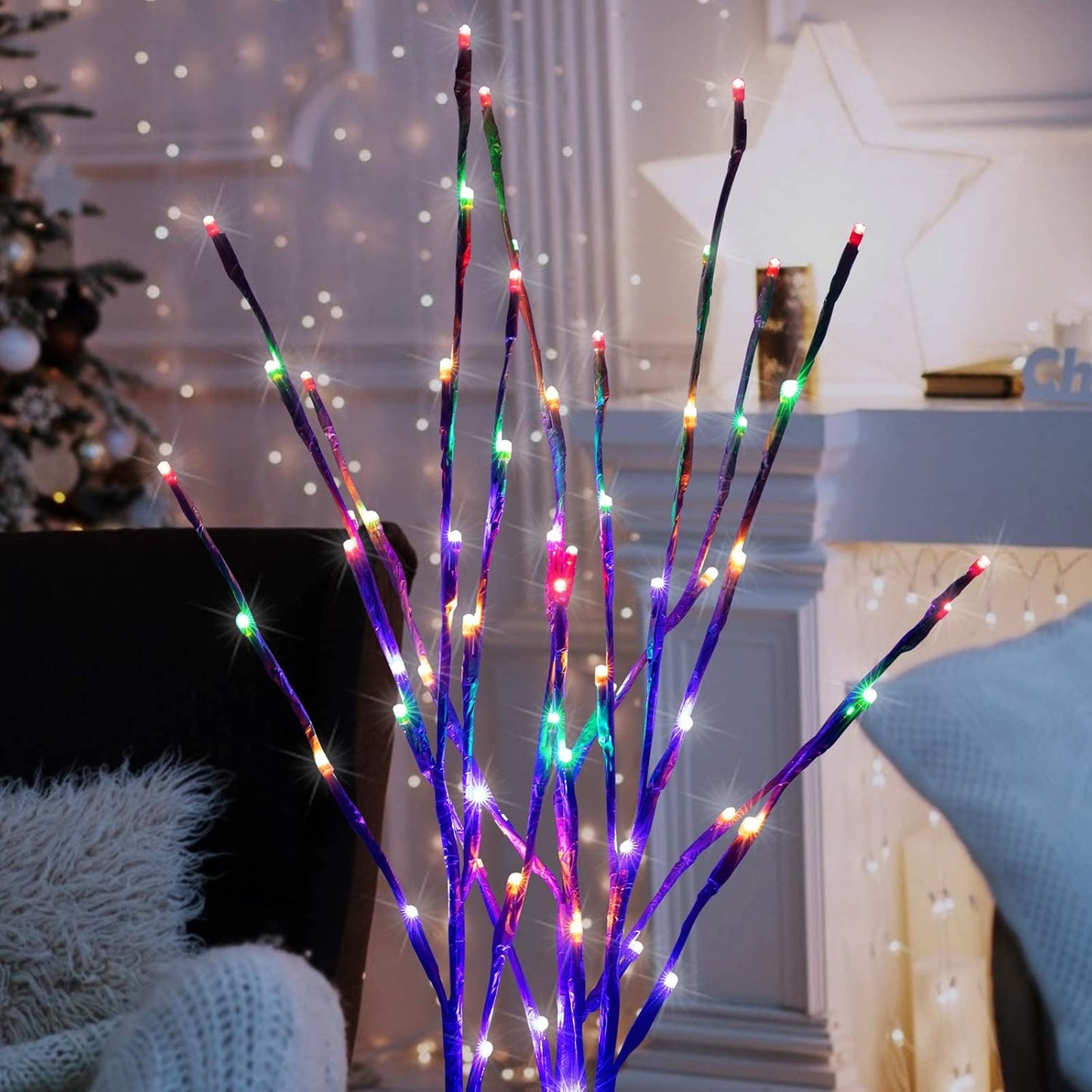 Lighted Branches for Vases Plug in - 3 Pack 24Inch 60 LED Christmas DIY Twig Pathway Lights, Artificial Tree Bendable Xmas Fairy Lights with Stakes for Outdoor Indoor Party Decoration, Multicolor
