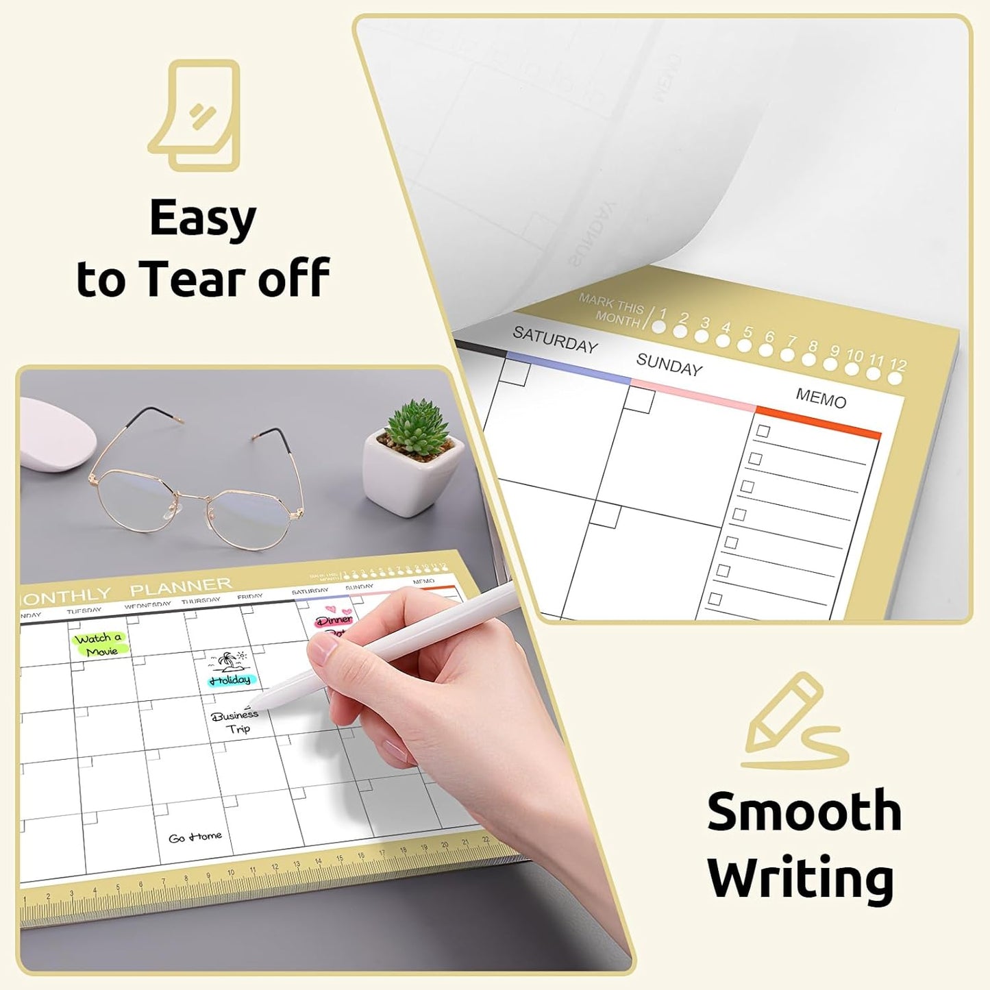 Phyxin Undated Planner, 54 Sheets Blank Calendar, 11.2" x 8.3" Monthly Calendar Planner, Tear Off Undated Monthly Planner with Memo for Women, Students, Teachers, Yellow