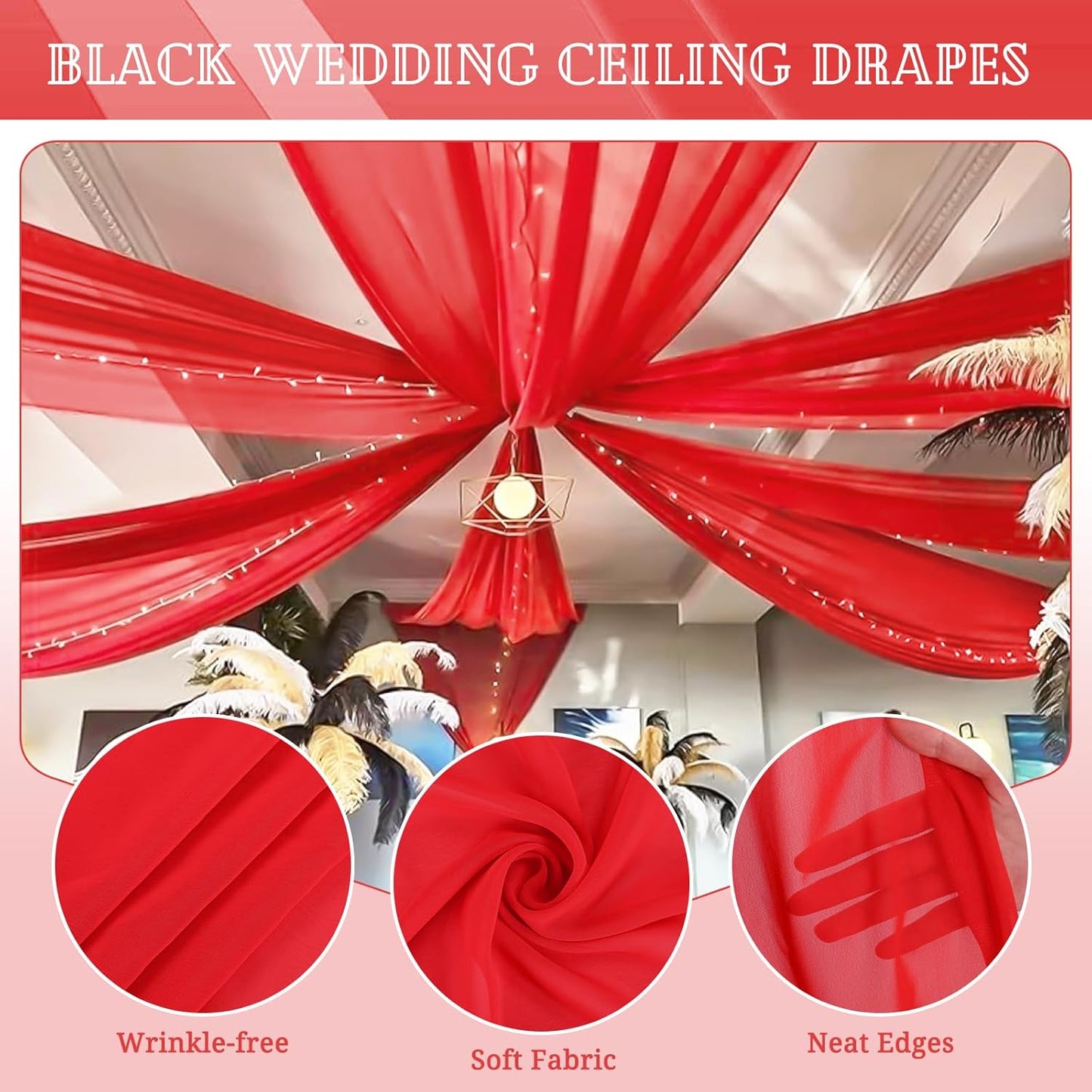 6 Panels Red Ceiling Drapes for Wedding 5ftx20ft Chiffon Fabric Arch Draping Curtains Sheer Drapery for Party Ceremony Birthday Baby Shower Reception Stage Swag Ceiling Decorations