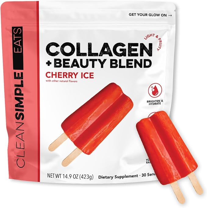 Clean Simple Eats Collagen Powder + Beauty Blend, Cherry Ice Flavor, Hydrolyzed Collagen Peptides from Grass Fed Bovine & Chicken, Hyaluronic Acid for Hair, Skin, Nail & Joint Support, 30 Servings