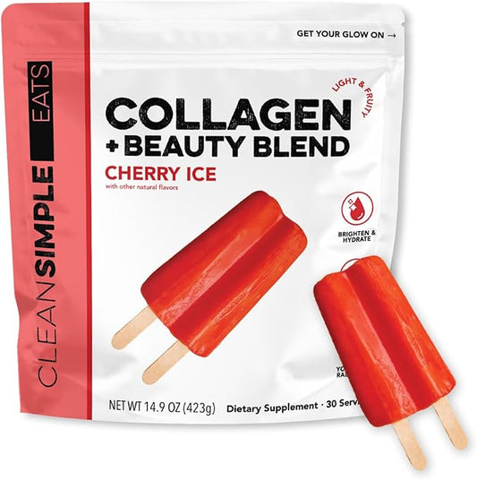 Clean Simple Eats Collagen Powder + Beauty Blend, Cherry Ice Flavor, Hydrolyzed Collagen Peptides from Grass Fed Bovine & Chicken, Hyaluronic Acid for Hair, Skin, Nail & Joint Support, 30 Servings