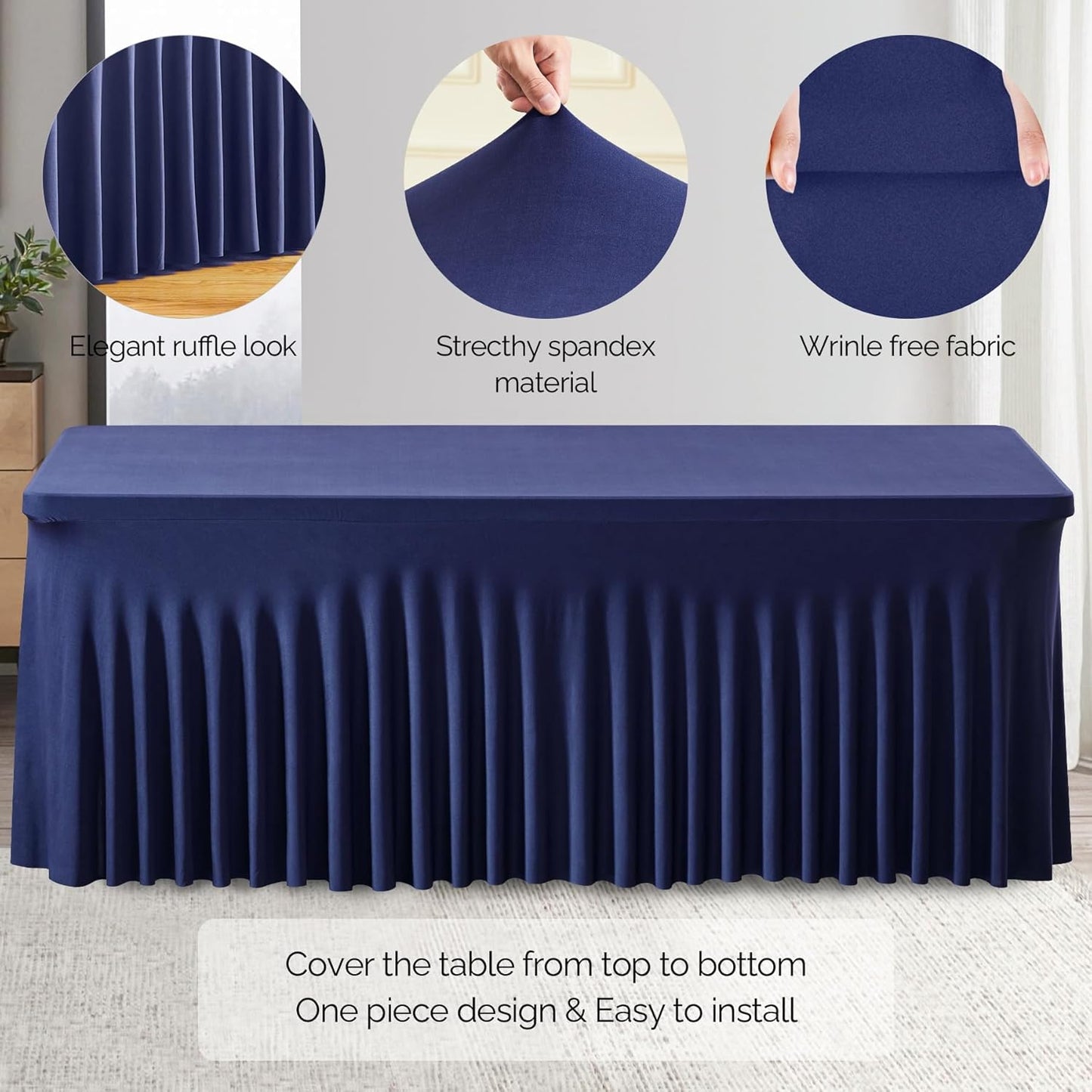 Wish Care 6 Pack Navy Blue Stretch Spandex Table Clothes for 6 Foot Rectangle Tables, 6FT Wrinkle Free Fitted Tablecloths Ruffles Design Table Cover for Party, Banquet, Wedding and Events